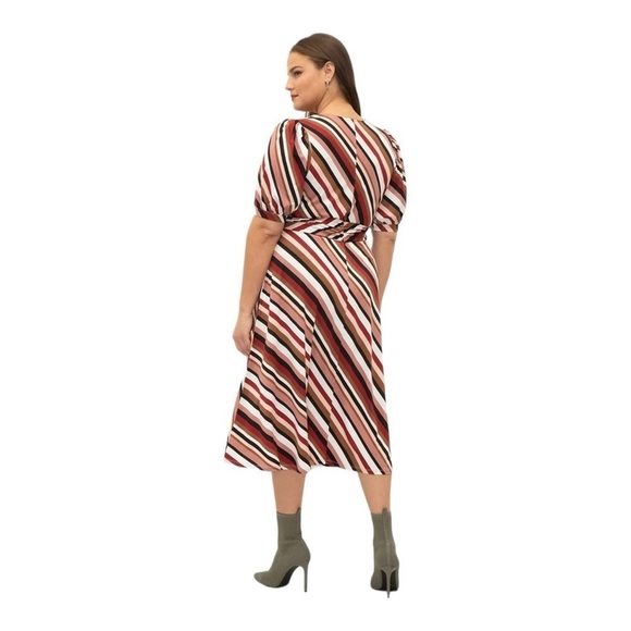 ELOQUII Red Brown Striped Short Sleeve Tie Waist Midi Dress Size 14 Plus Size - Picture 5 of 7